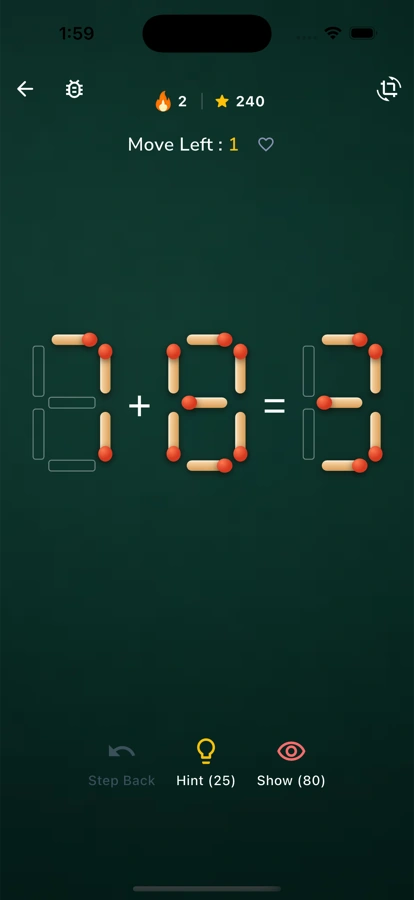 The Stick Math game screen, showing the streak, moves left counter, hint, show, points, and favorite controls